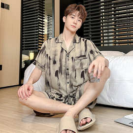 夏季冰丝薄款睡衣男短袖短裤翻领开衫高级感大码可外穿家居服套装