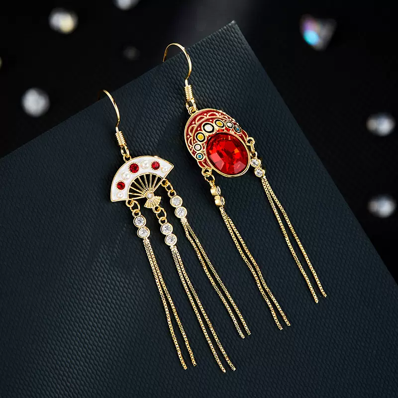 国潮京剧风脸谱折扇不对称流苏耳坠高级感铜合金真金电镀滴油耳饰