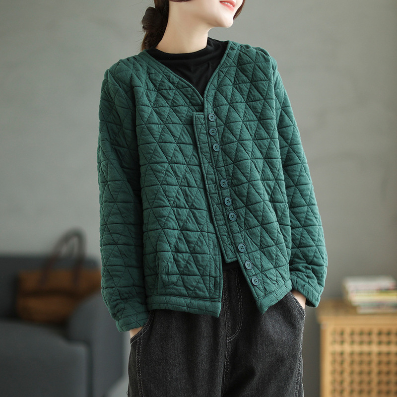 Bargain~ Clearance of Big-Name Foreign Trade Women's Retro Quilted Thick Cardigan Loose Casual V-Neck Baseball Jacket