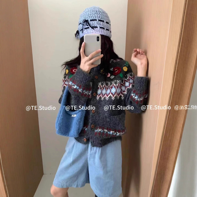韩系古着感费尔岛提花毛衣开衫外套女秋冬新款慵懒软糯宽松针织衫|undefined