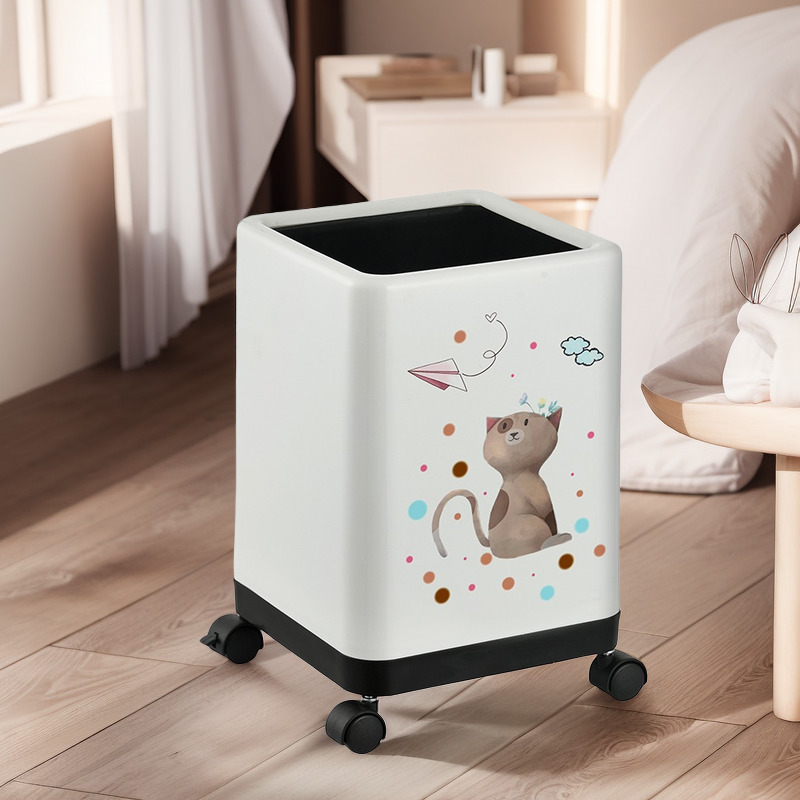 Coverless Trash Can Household Square Kitchen Large Capacity Storage Barrel with Pulley Cartoon Cute Trash Basket Living Room Bedroom