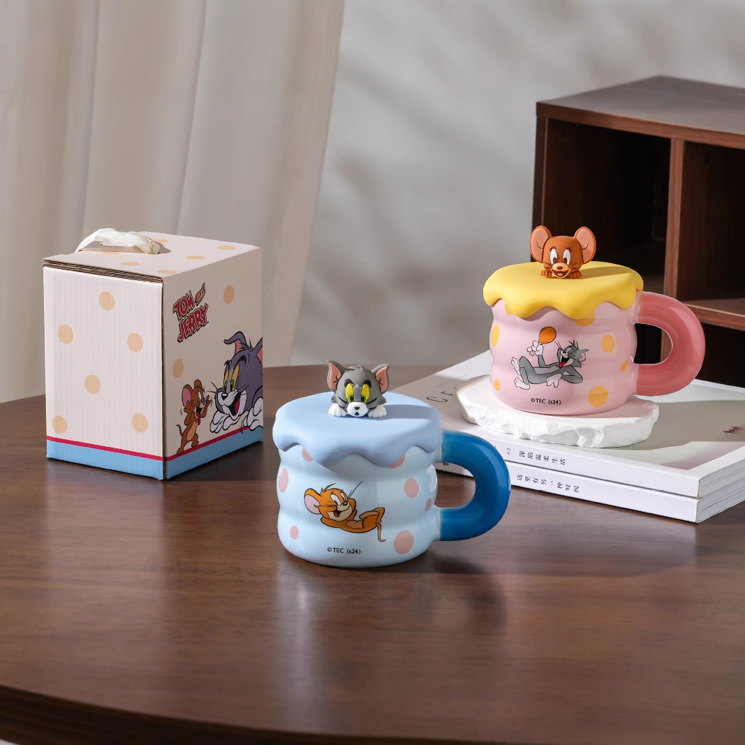 Gato y ratón taza de leche taza de café con tapa de alta calidad de la niñez taza de cerámica de agua lindo regalo de cumpleaños