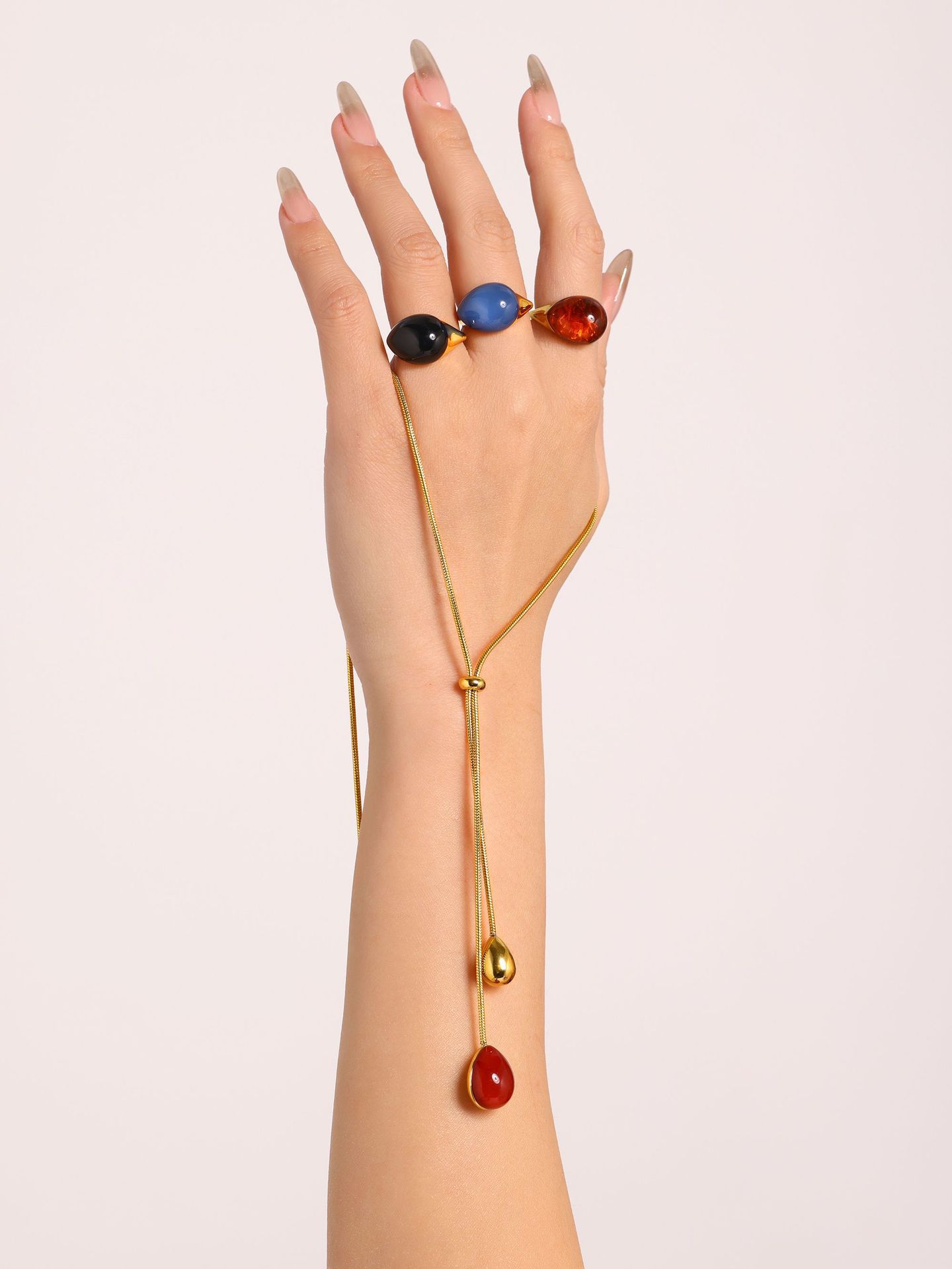 Square Candy Multi-color Droplet Shaped Resin Pendant, Pull-out Sweater Necklace, Ring, Earring, Stainless Steel Set For Women_voghion.com