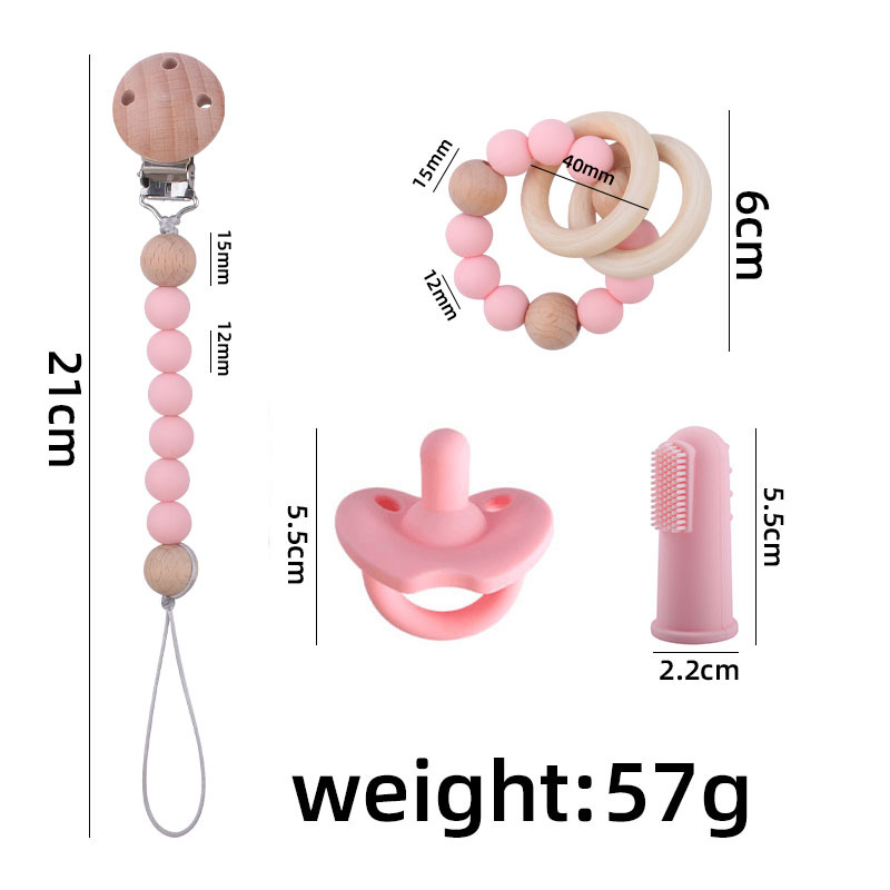 Nuevo bebé suministros de silicona de cuatro piezas conjunto chupete bebé silicona pezón pulsera dedo manga cepillo de dientes pezón cadena