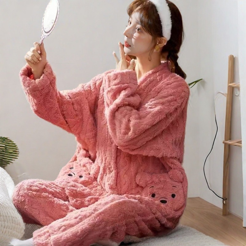 산호 벨벳 파자마 여성의 가을과 겨울 기모 두꺼운 커플 귀여운 외부 착용 새로운 긴팔 홈 세트