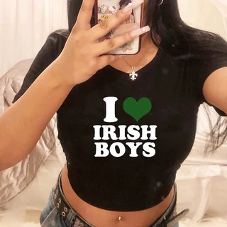 希音热销I Love Irish Boys印花性感露脐短袖T恤女夏季圆领上衣