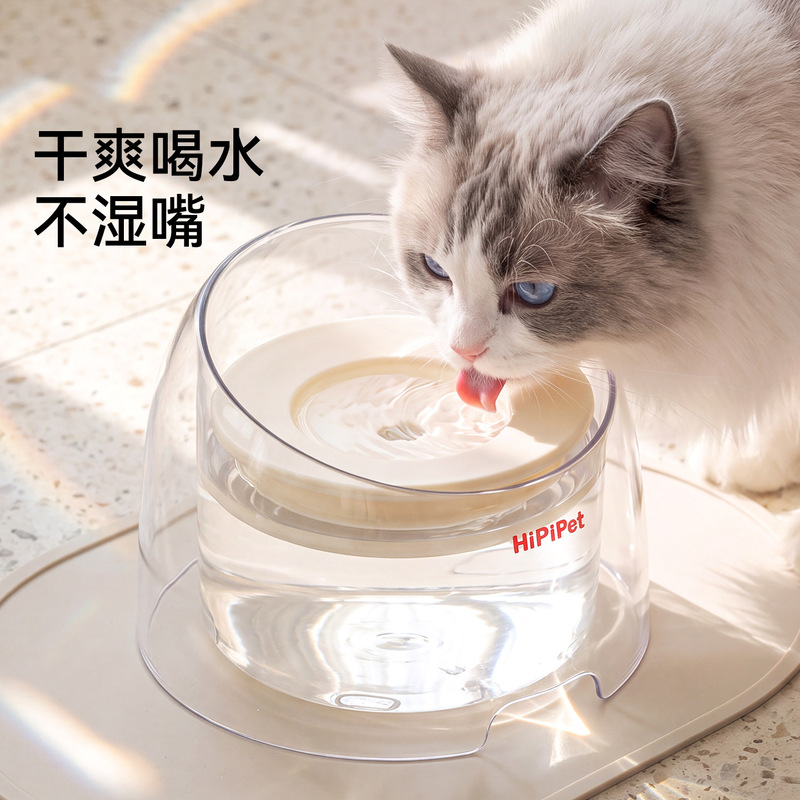 Cat bowl, simple and transparent, with a floating design to protect the neck and prevent the mouth from getting wet, large capacity, dog water dispenser, drinking bowl, pet supplies Cat bowl, simple and transparent, with a floating design to protect the neck and prevent the mouth from getting wet, large capacity, dog water dispenser, drinking bowl, pet supplies