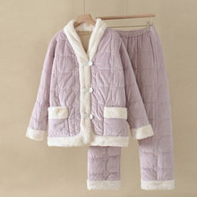 珊瑚绒浅紫色V领睡衣女士秋冬季法兰绒可外穿休闲家居服一件代发