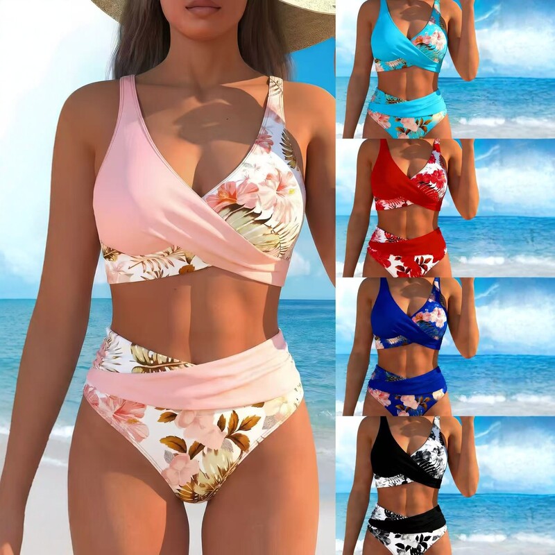 2026 New European and American Cross-Border Tropical Floral Plant Print Sexy Bikini Set Vacation Casual Swimwear for Women