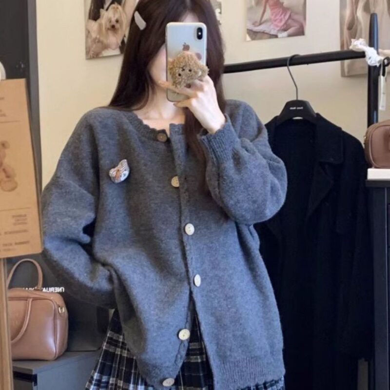 New Autumn and Winter Women's Simple Oversized Sweater, Japanese Style Cute Lace Versatile Easy-To-Wear Jacket, Sweet Knitted Cardigan for Women