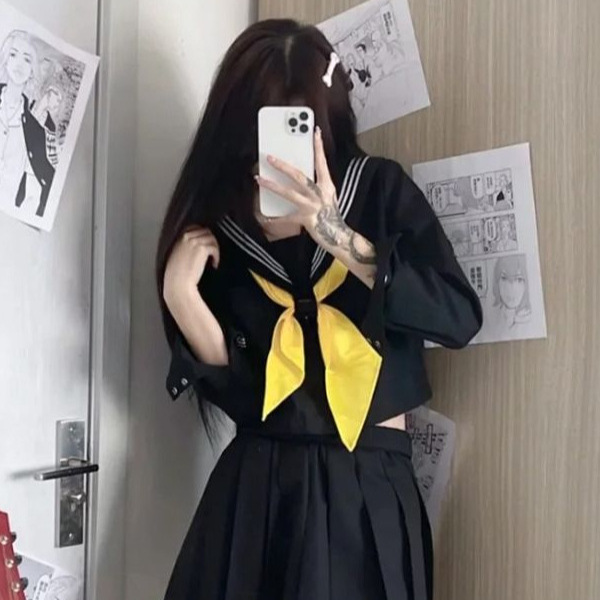 Classic JK uniform skirt, basic black three-piece set, Japanese-style middle school uniform, sailor-style long-sleeved outfit, plus-size class uniform set