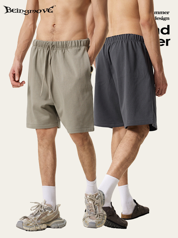 2026 verano europeo y americano retro transfronterizo color sólido pantalones largos sueltos de cinco puntos pesados marca de moda casual pantalones cortos de algodón para hombre