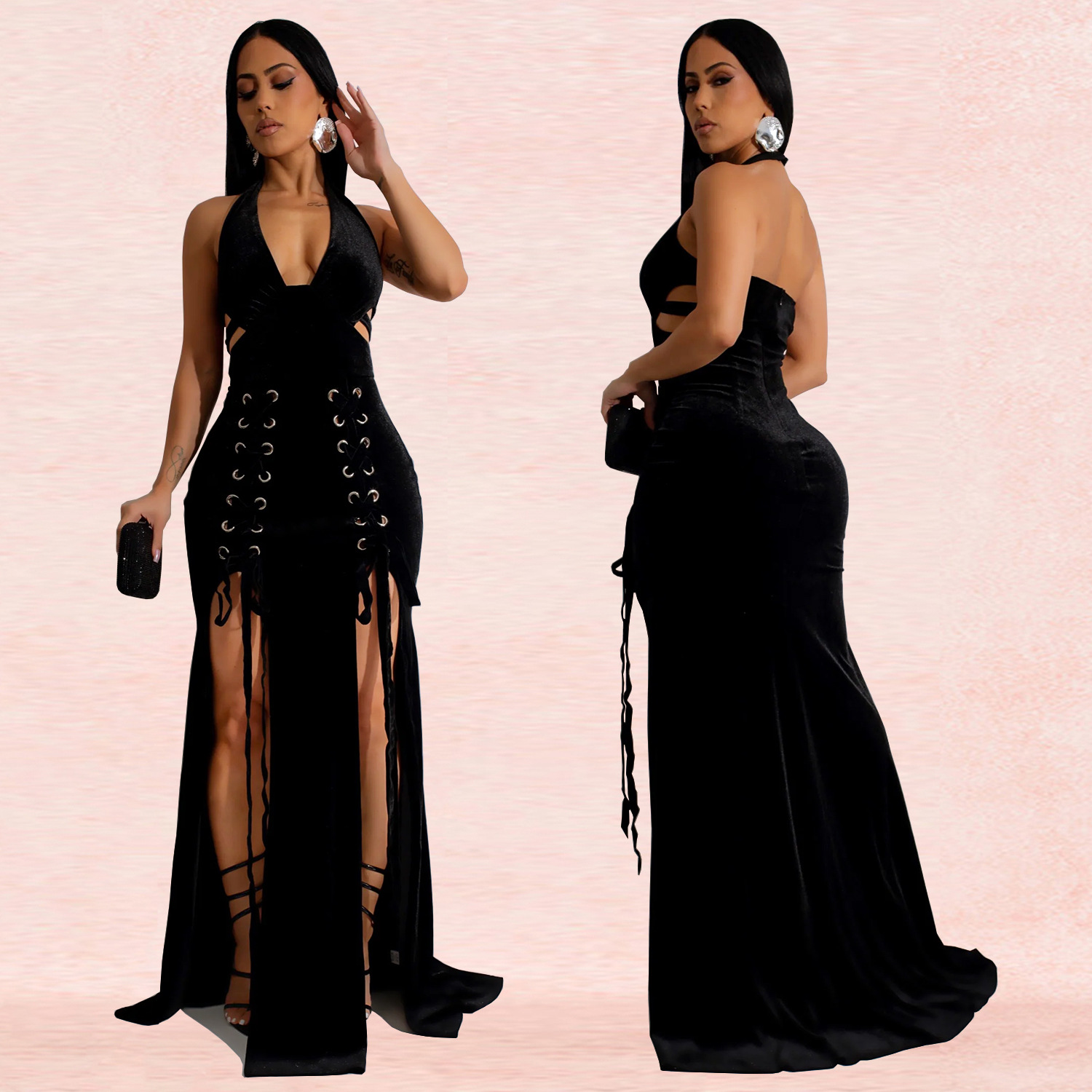 C7156 Aliexpress transfronterizo Amazon Europa y América moda de mujer cuello colgante brazo sexy vestido bifurcado nuevo image 4