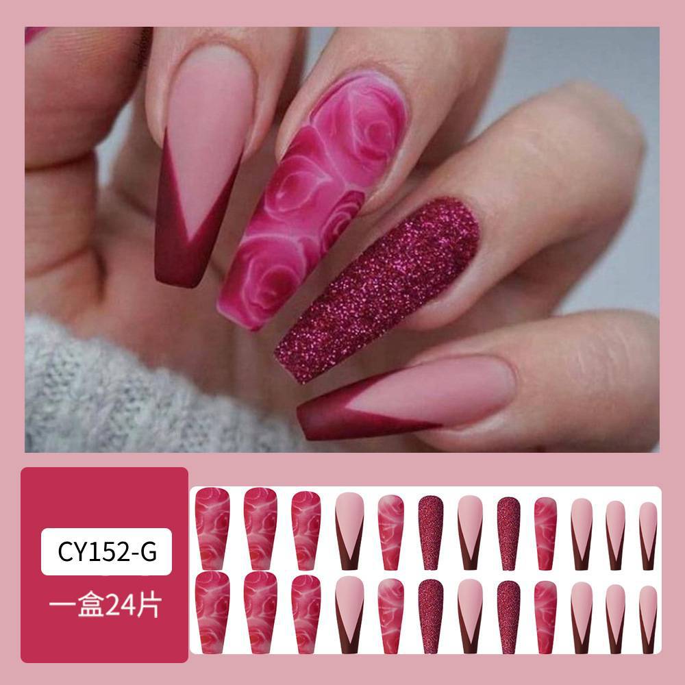Uñas postizas retro color rojo vino con brillo, estilo Y2K, dulce y moderno, manicura francesa que realza el blanco, 24 piezas, pegatinas para uñas, lote mixto image 7