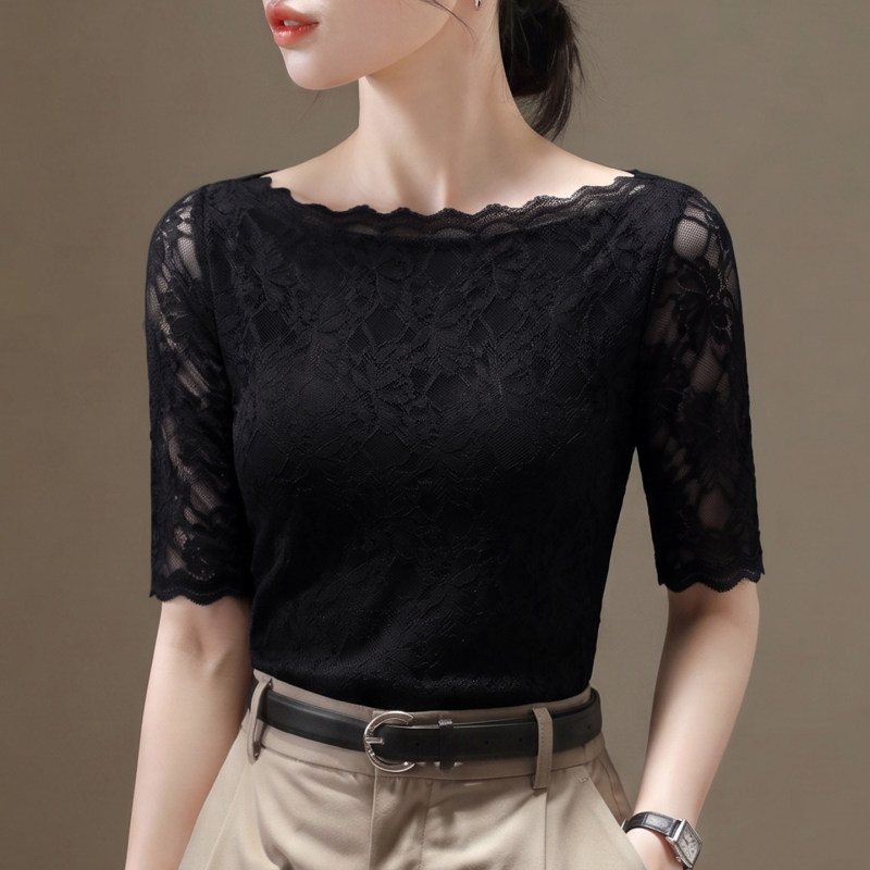 2026 New Spring and Autumn Lace Mid-Sleeve T-Shirt for Women, Off-Shoulder Slim Fit, Three-Quarter Sleeve Mesh High-End Top