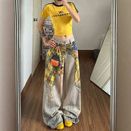 美式复古屁帘印花牛仔裤裤子女款2026春季新款时髦高腰宽松阔腿裤