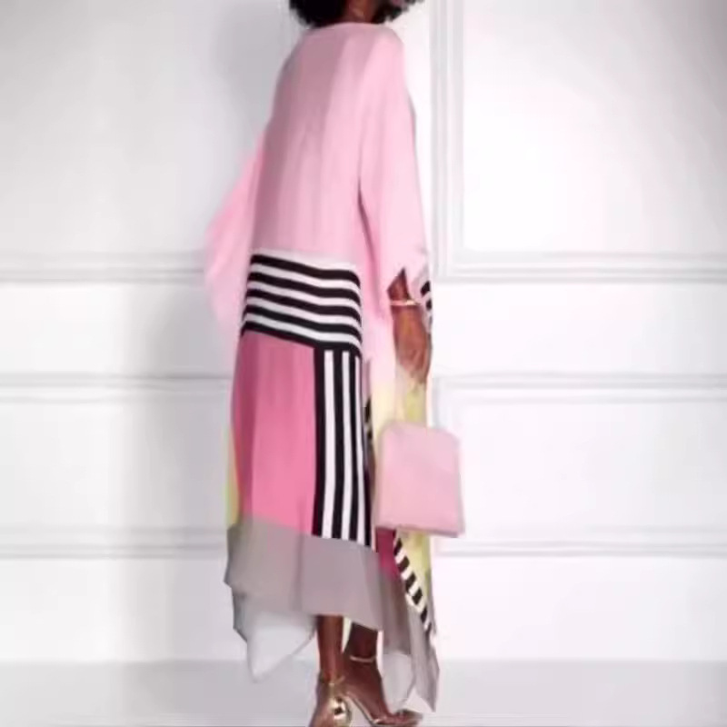 Amazon European and American New Summer and Autumn Women's Clothing Comfortable and Fashionable Solid Color Printed Casual Slanted Shoulder Long Dress
