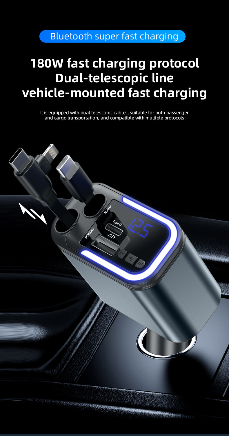 Car Charger Multi-Function Fast Charging Car Mp3 Player Bluetooth Plug-In USB Disk Listening to Music with Retractable Cable Five-In-One