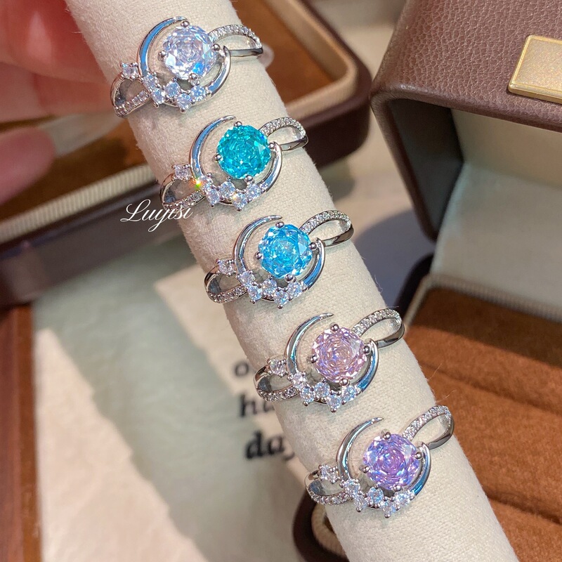 Octagonal Millennium Rose Cut Aquamarine Moon Ring, a fashionable and luxurious piece featuring high-carbon diamonds and a Paraiba star and moon design