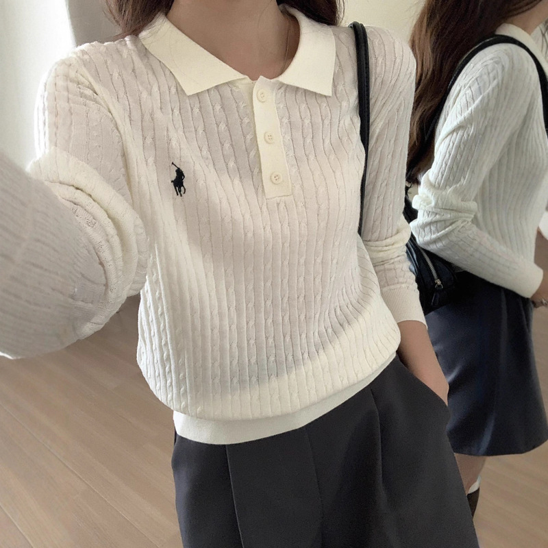 Polo Collar Women's Cable Knit Long Sleeve Sweater Autumn New Top Embroidered Cable Knit Sweater T-Shirt Trendy