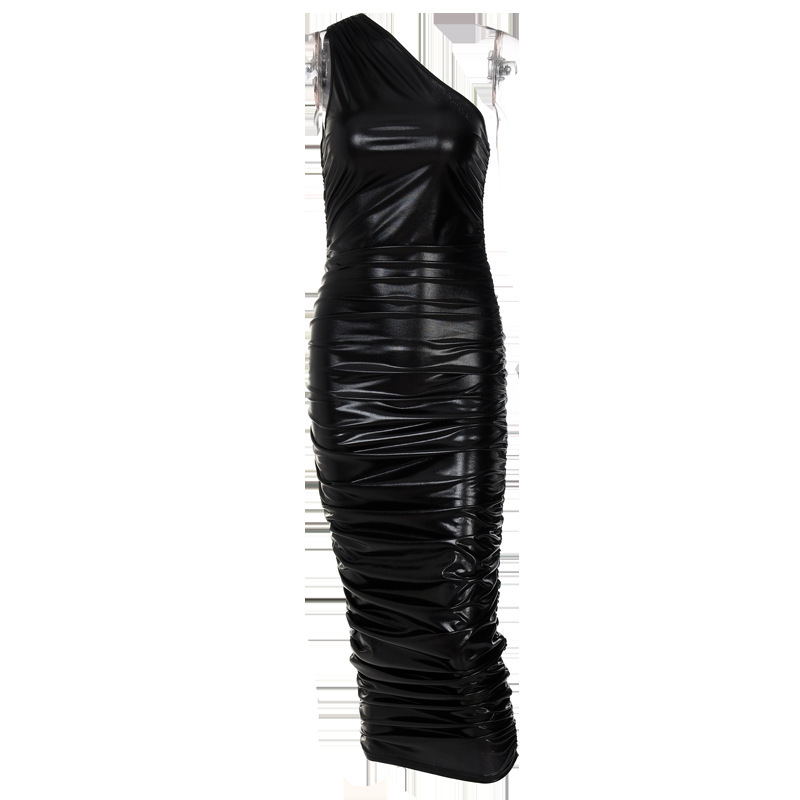 Solid Color Single-Shoulder Sleeveless Pleated Slim Dress NSLGF113313