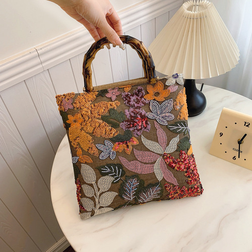 Elegant Bamboo-Node Handbag with Colorful Sparkling Beads, Retro Women's Shoulder Bag, Heavy Work Embroidery Trendy Evening Purse