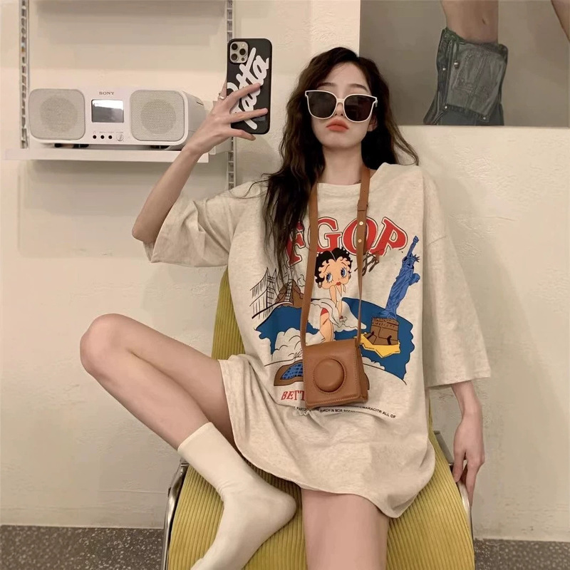 2026 Summer New Korean Style American Retro Loose Large Size Short-Sleeved T-Shirt for Women Ins Trendy Brand Cartoon Print Round Neck
