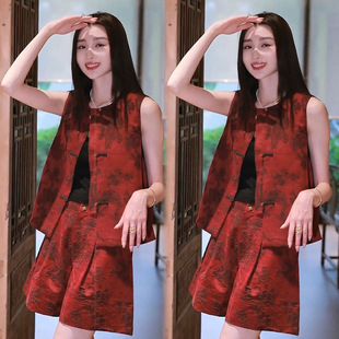 Single/suit Summer New High-end Round Neck Buckle Split Vest High Waist Slimming Shorts Fashionable Two-piece Set