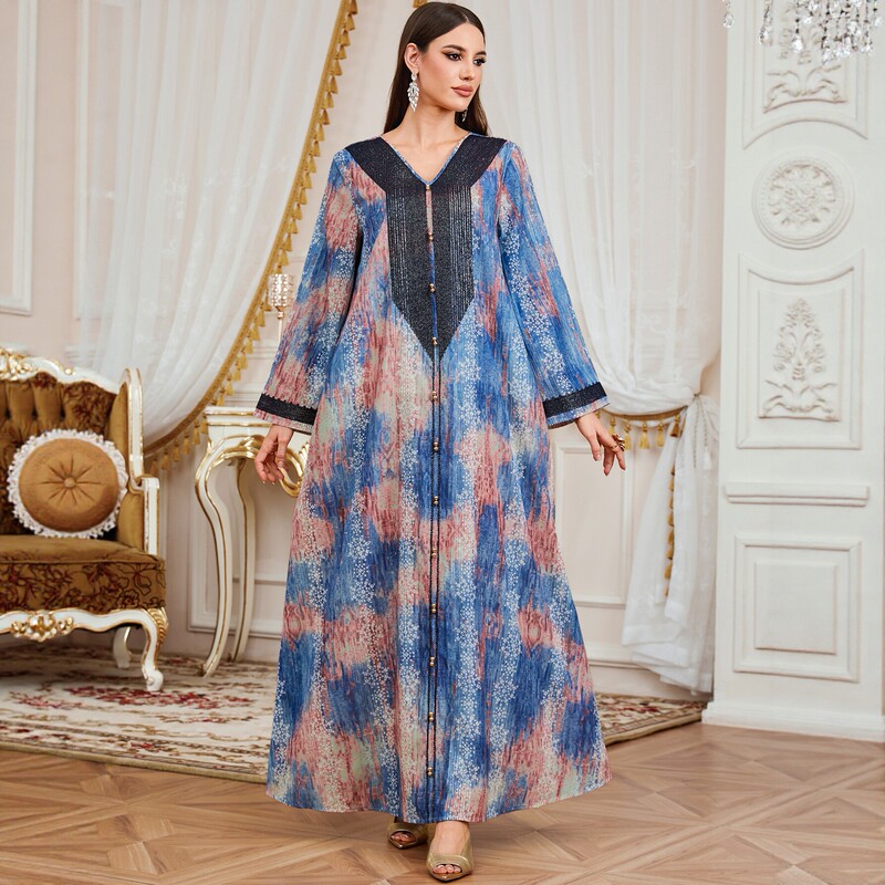 New Cross-Border Printed Robe Dress for Women, Loose V-Neck Long-Sleeved Elegant and Stylish Turkish-Style Women's Clothing New Cross-Border Printed Robe Dress for Women, Loose V-Neck Long-Sleeved Elegant and Stylish Turkish-Style Women's Clothing