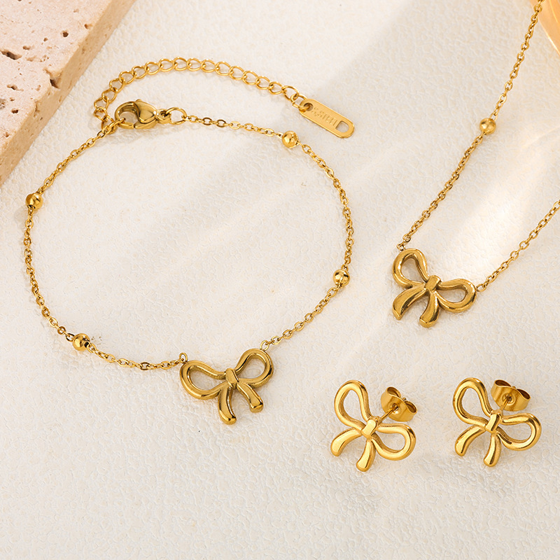 简约时尚百搭蝴蝶结项链不掉色钛钢手链女设计网红高级感饰品套装