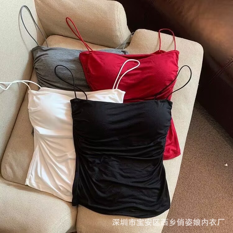 In-Stock Hot Girl Pure Desire Pleated Camisole with Thin Straps for Women, Sweet and Spicy Style (Price Does Not Include Tax)