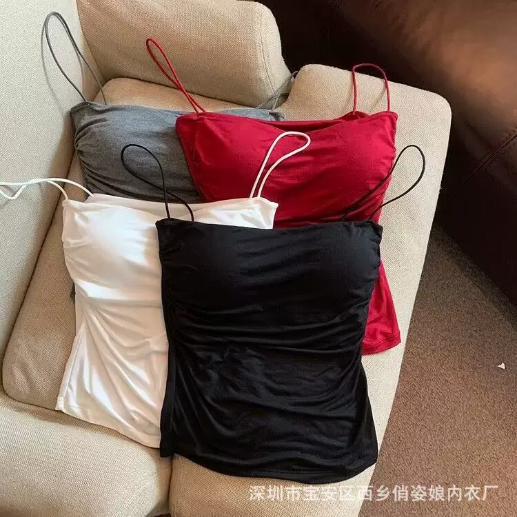 八路包纱现货辣妹纯欲褶皱吊带背心女细肩带内搭甜辣风无袖小