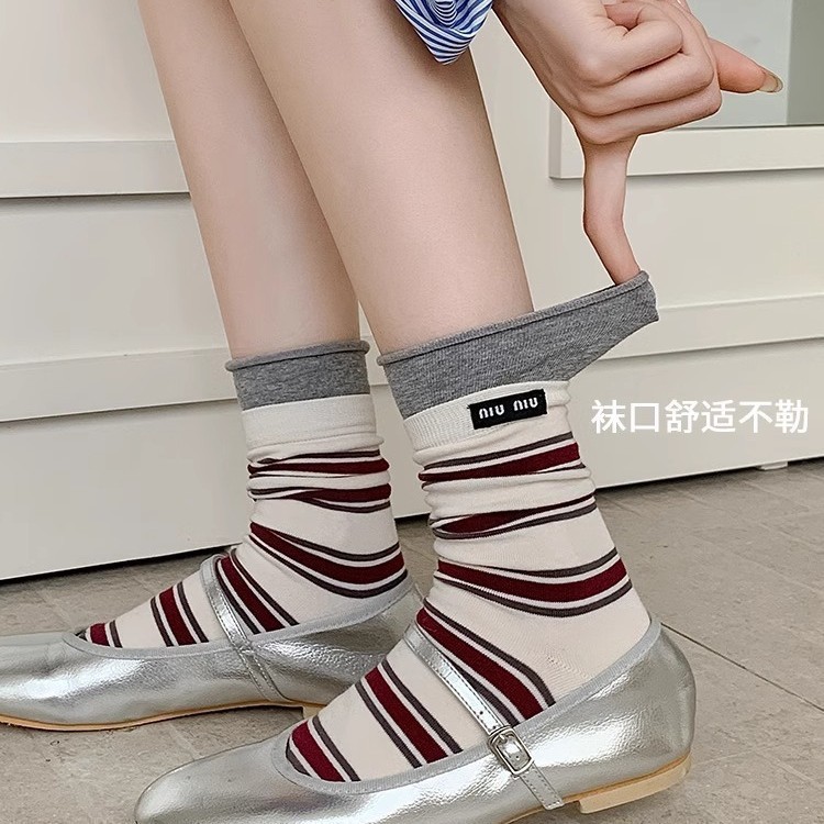 春秋新款袜子休闲堆堆袜双罗口薄款字母中筒条纹袜子条纹百搭长袜|undefined