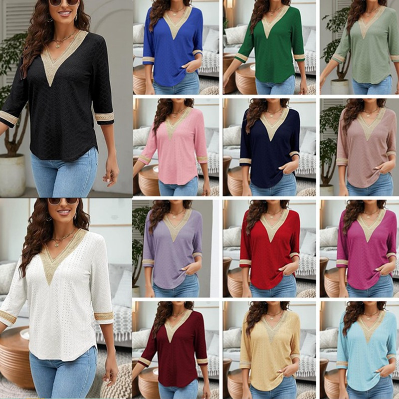 Spot New Style Amazon Wish European and American Cross-Border Women's V Neck Lace Casual Pure Color Shirt Cross-Border