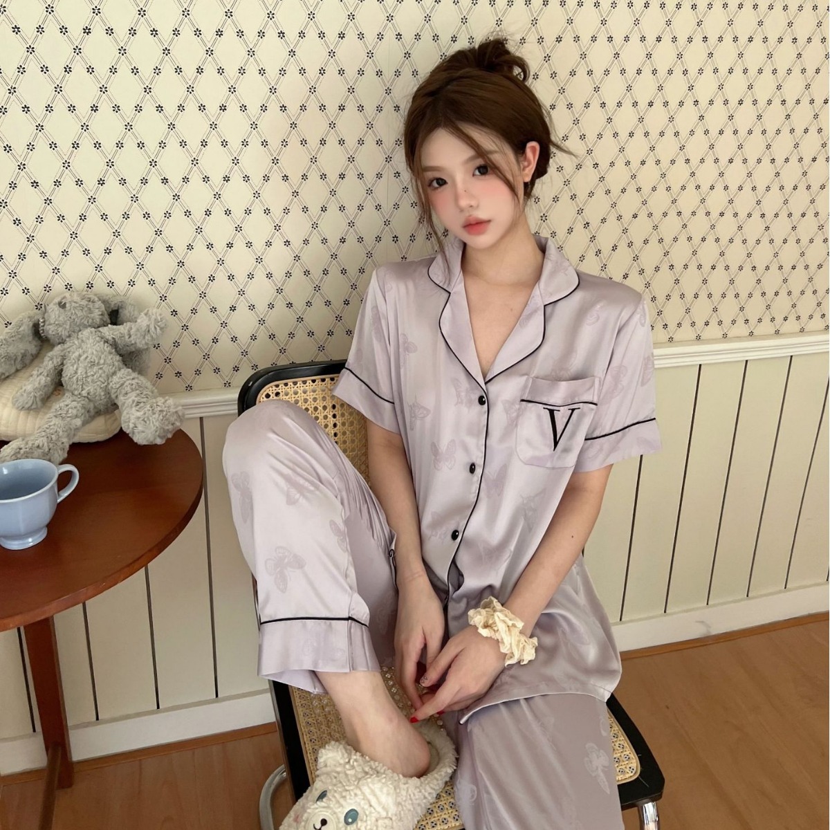 [비미소녀] 반소매 바지 여름 잠옷 여성 자카드 보라색 나비 자수 홈 옷 얼음과 눈