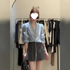 韩系风格早秋穿搭一整套女蕾丝花边V领系带长袖衬衫半身裙两件套