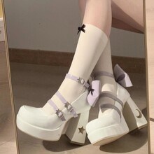 白紫色加上月亮有美少女战士内味纯色蝴蝶结高跟鞋粗跟玛丽珍女鞋