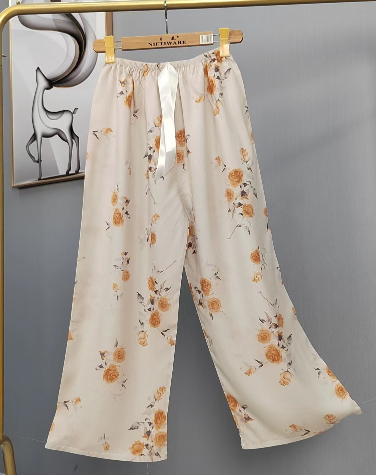 Pijama de seda de algodón para mujer, pantalones anchos de mujer embarazada de seda de algodón con estampado fino de verano