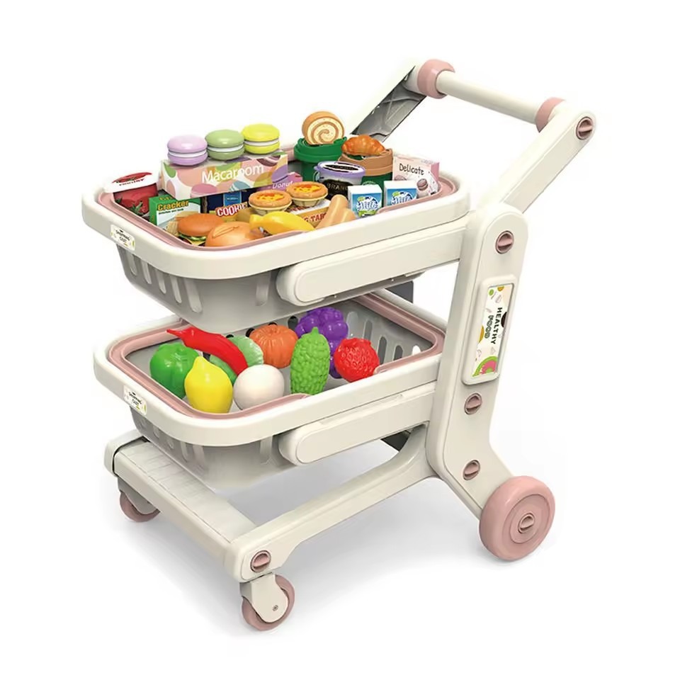 Comercio exterior infantil simulación de supermercado de doble capa de frutas y verduras carro de compras plano a través del juego de juguetes de supermercado