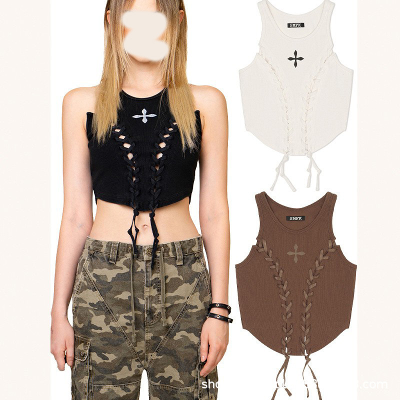 Smink baseball deconstruction tactical vest three-color adjustable cross flower drawstring sports short top Autumn New