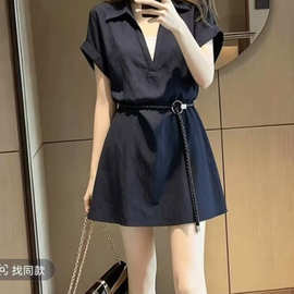 假两件翻领短袖连衣裙女2026夏季新款时尚百搭设计感气质休闲短裙