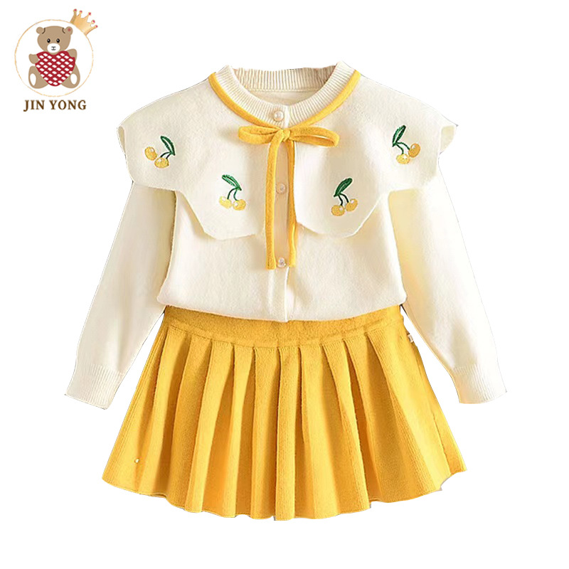 Höst och vinter Nya söta flickor Tecknad körsbärsstickad rosett Stor flipkrage Söt tröja Set kjol_voghion.com