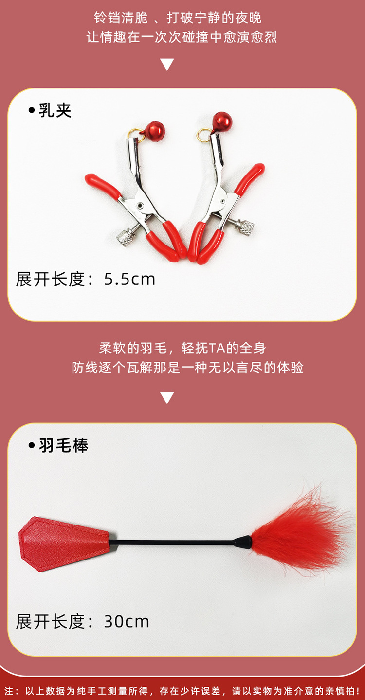 SM Bondage Ten-Piece Set with Handcuffs, Leather, Metal and Plush, Black and Red — detail image 24