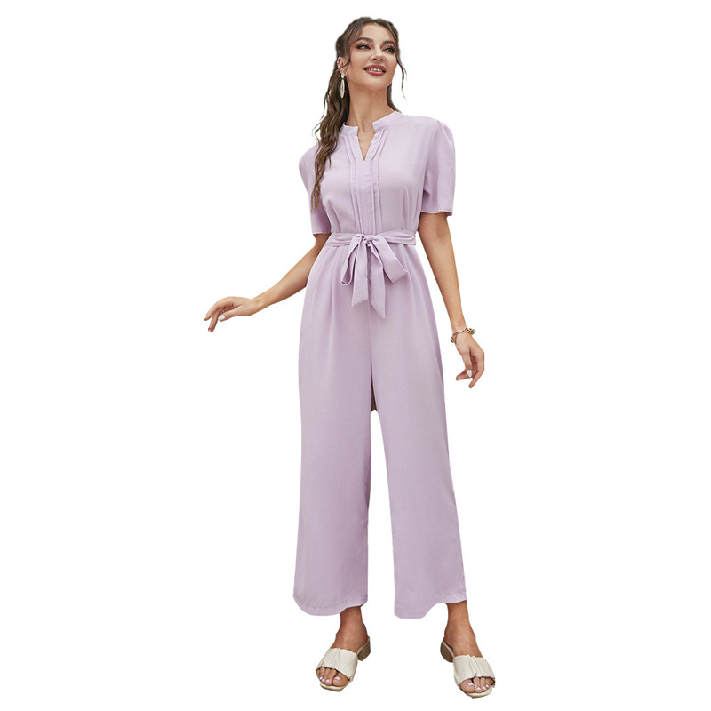 Mono ZTY-57, éxito de ventas en Amazon, comercio electrónico transfronterizo, cuello de solapa, manga corta, pantalones anchos de cintura alta, mono moderno image 6