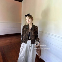 欧货翻领拼皮迷彩短款外套女2025秋季新款撞色立领拉链夹克上衣潮