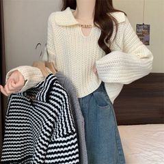 娃娃领白色短款毛衣女秋冬季设计感内搭v领义乌小个子针织衫上衣
