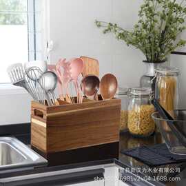 厨房柜台餐具收纳盒实木隔层筷笼子整理盒木质可拆卸汤勺存储盒子