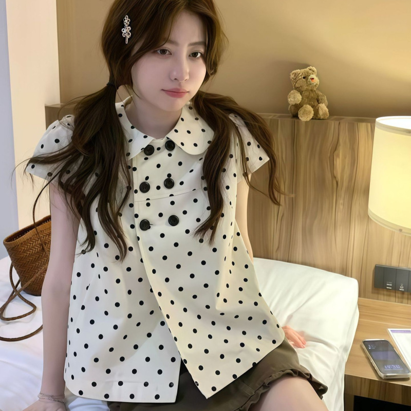 2026 Summer New French Style Pure Desire Double-Breasted Polka Dot Women's Short-Sleeve Shirt with a Stylish and Versatile Design 2026 Summer New French Style Pure Desire Double-Breasted Polka Dot Women's Short-Sleeve Shirt with a Stylish and Versatile Design