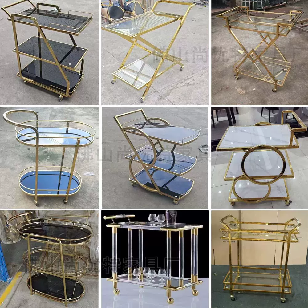 跨境欧式不锈钢三层酒水车钢化玻璃酒店大堂甜品蛋糕送餐手推车