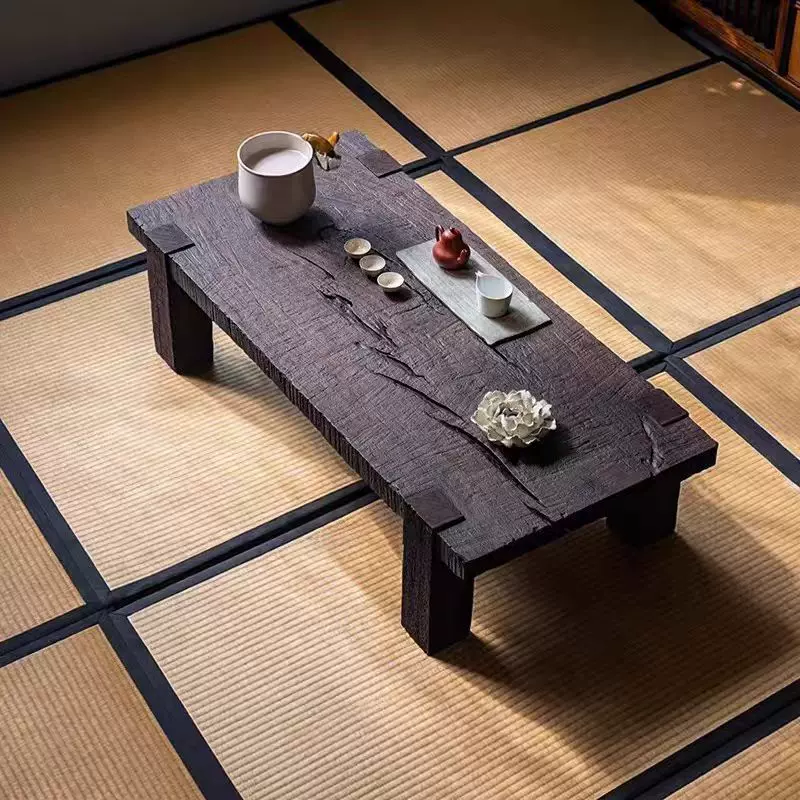侘寂风日式矮桌民宿榻榻米茶桌老榆木长条炕桌茶几实木阳台小茶桌